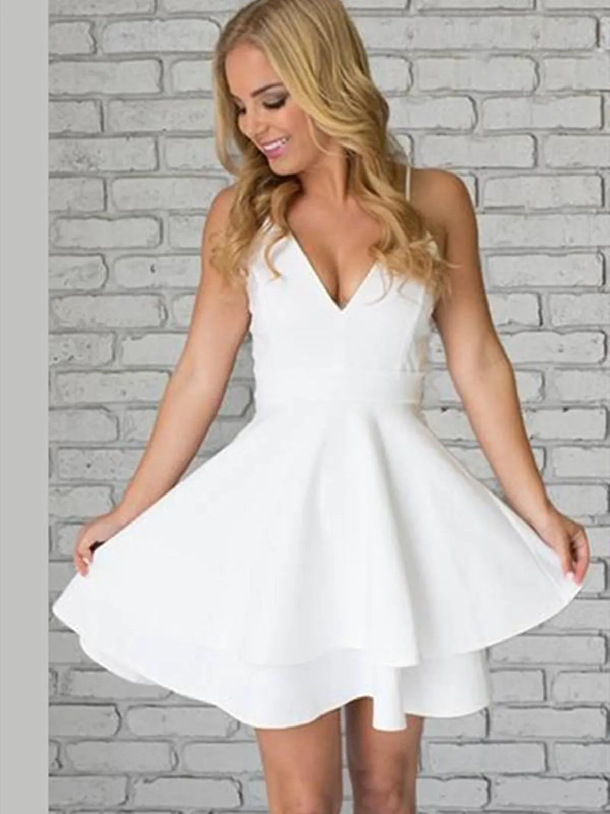 Cute V Neck White Short Prom with Lace Back, Short White Homecoming Formal Evening