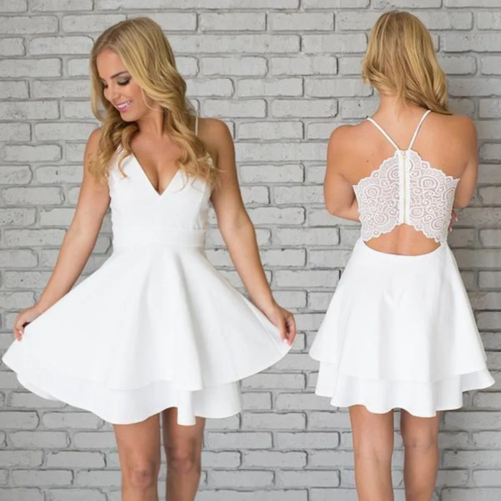 Cute V Neck White Short Prom with Lace Back, Short White Homecoming Formal Evening