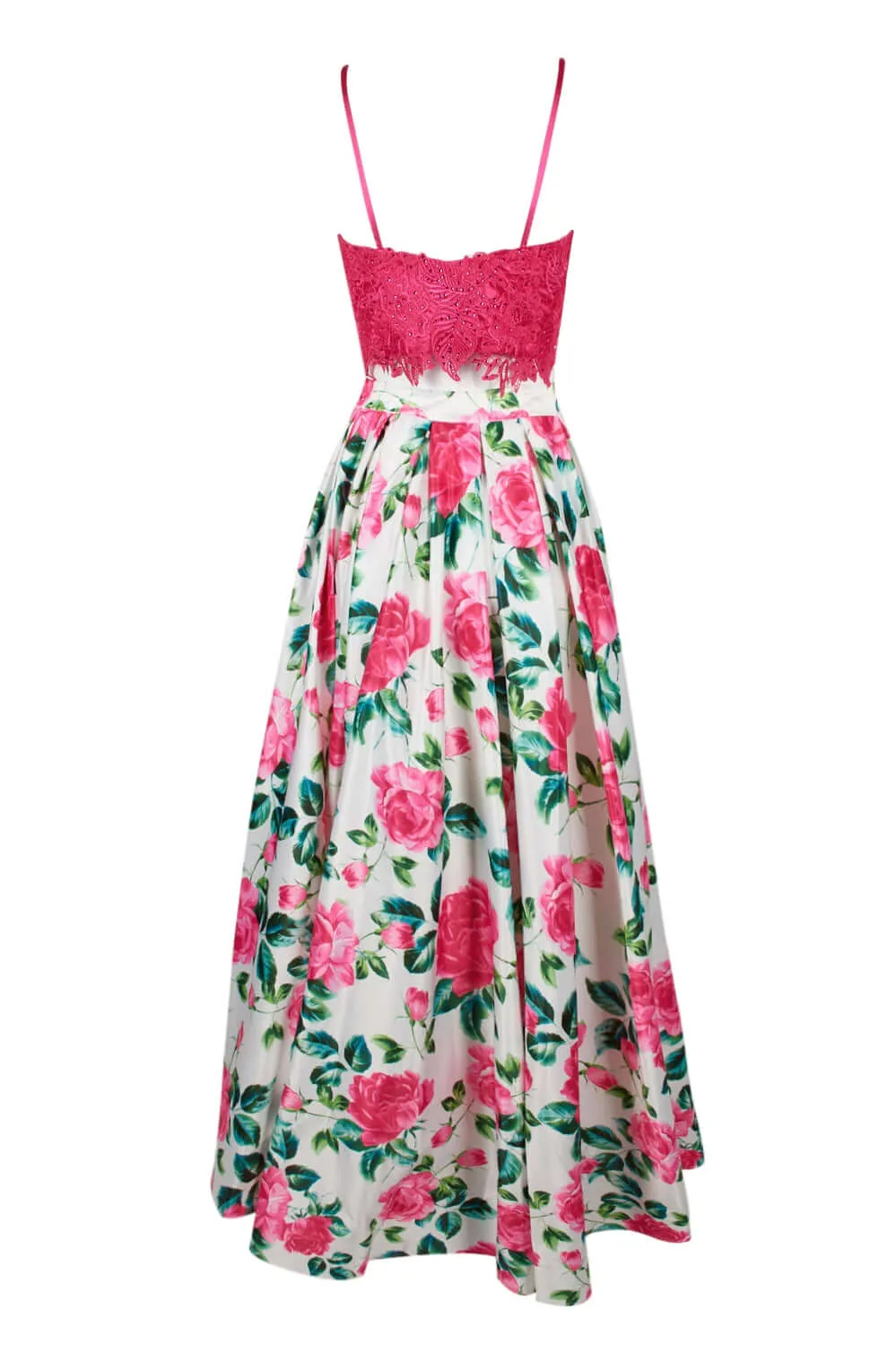 Dave & Johnny Spaghetti Strap Embellished Floral Embroidered Lace Bodice Pleated Floral Print Mikado Dress