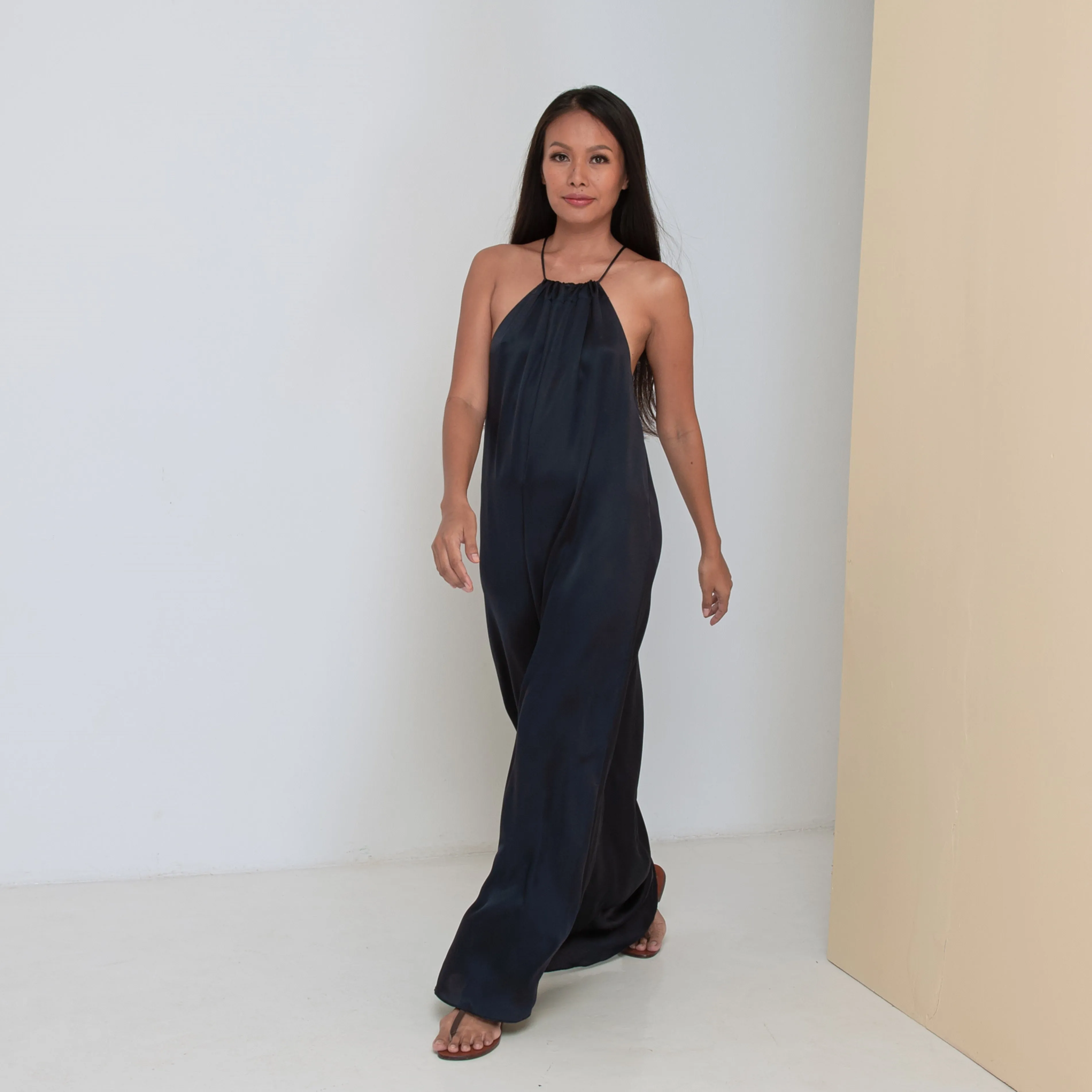 DEEP V LONG HALTER DRESS - Rayon Viscose Satin | Midnight blue