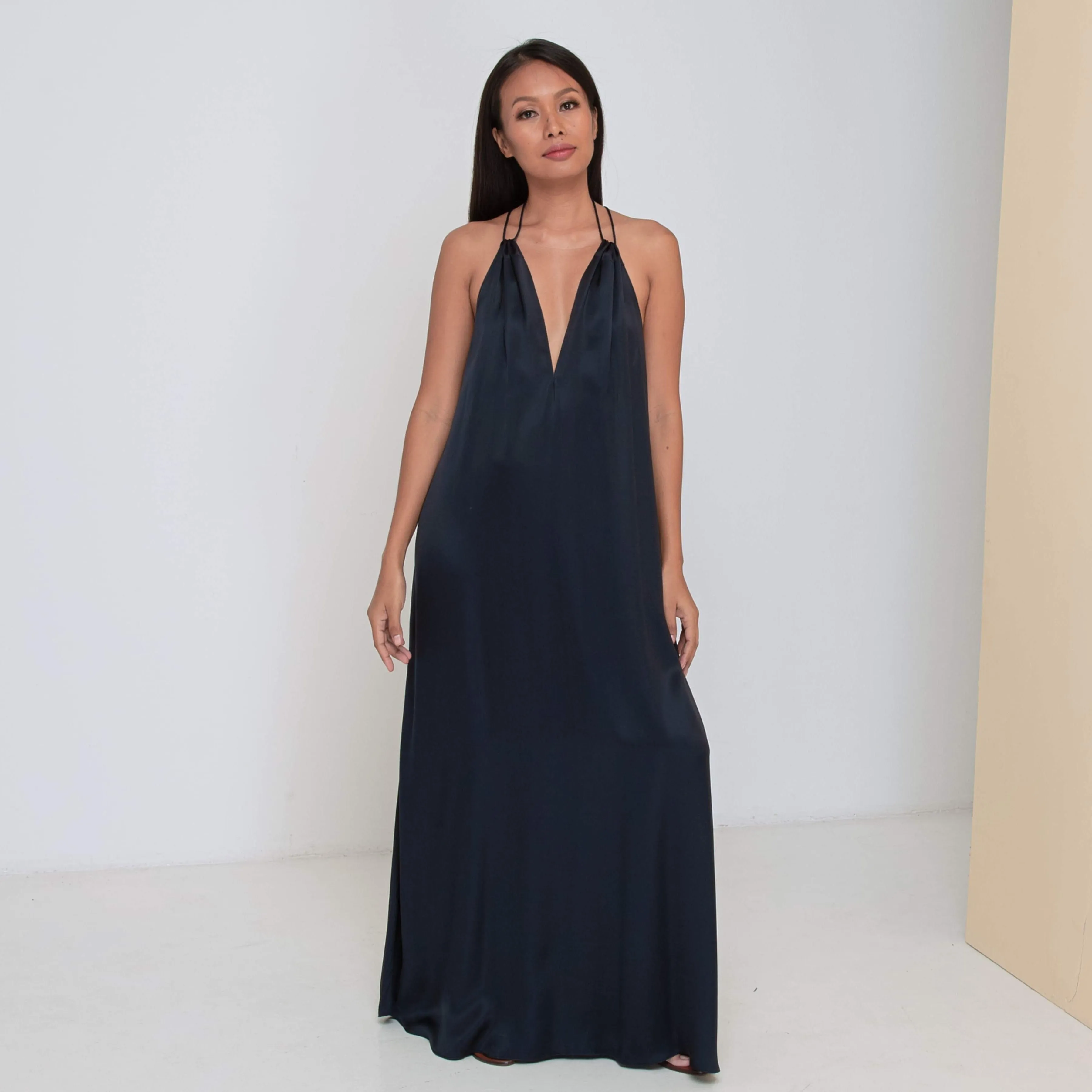 DEEP V LONG HALTER DRESS - Rayon Viscose Satin | Midnight blue