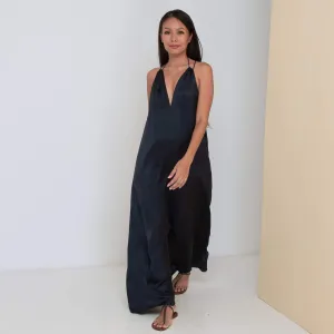 DEEP V LONG HALTER DRESS - Rayon Viscose Satin | Midnight blue