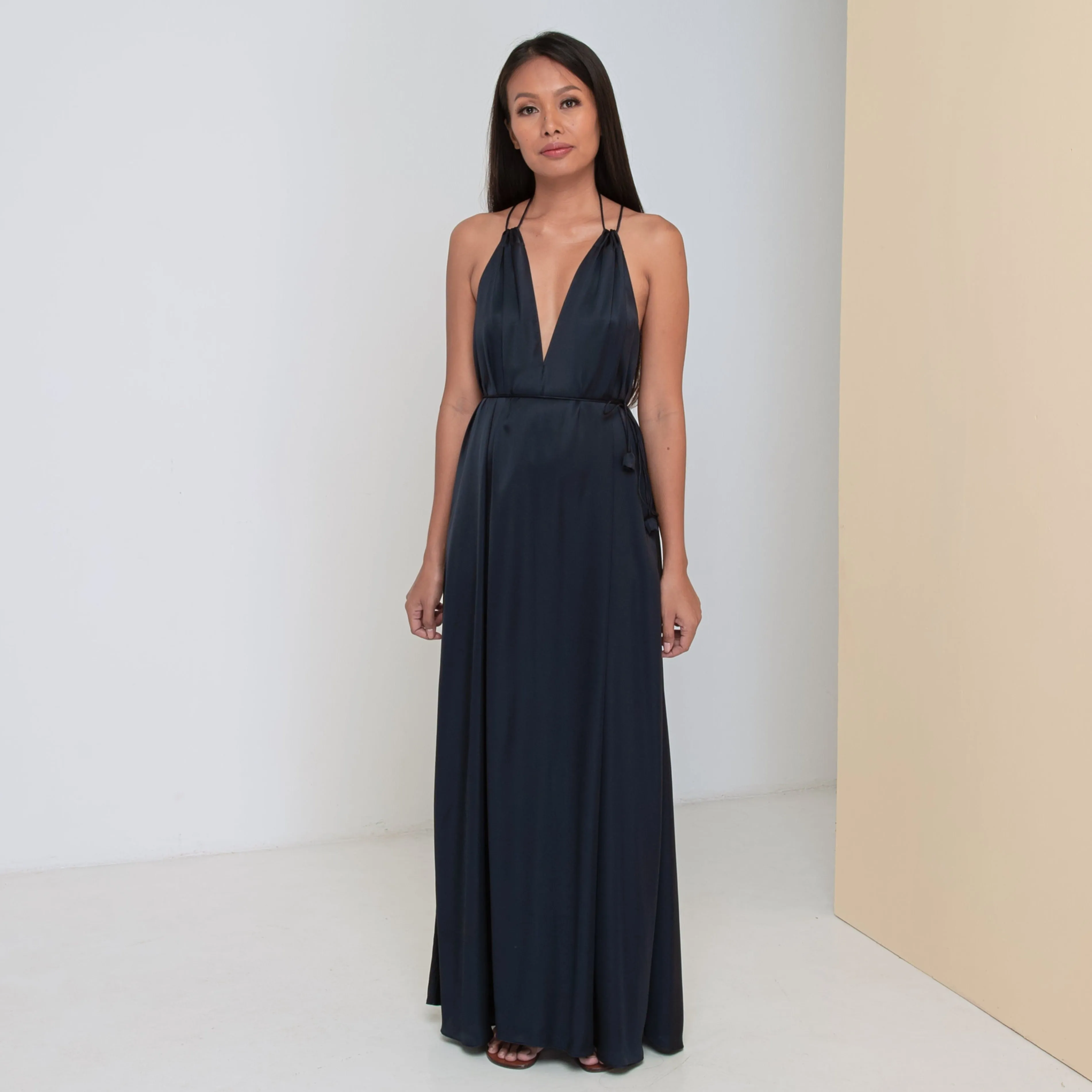 DEEP V LONG HALTER DRESS - Rayon Viscose Satin | Midnight blue