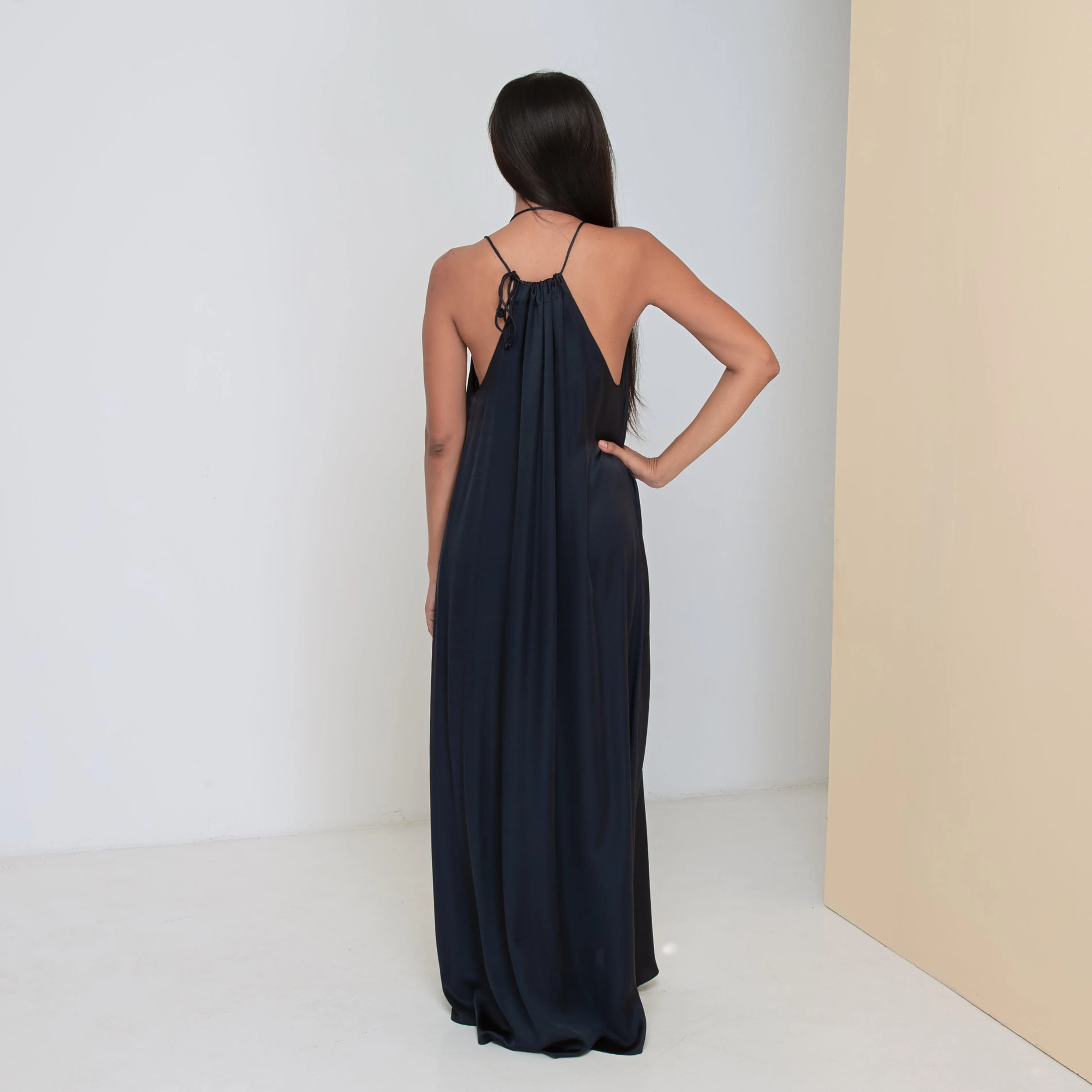 DEEP V LONG HALTER DRESS - Rayon Viscose Satin | Midnight blue