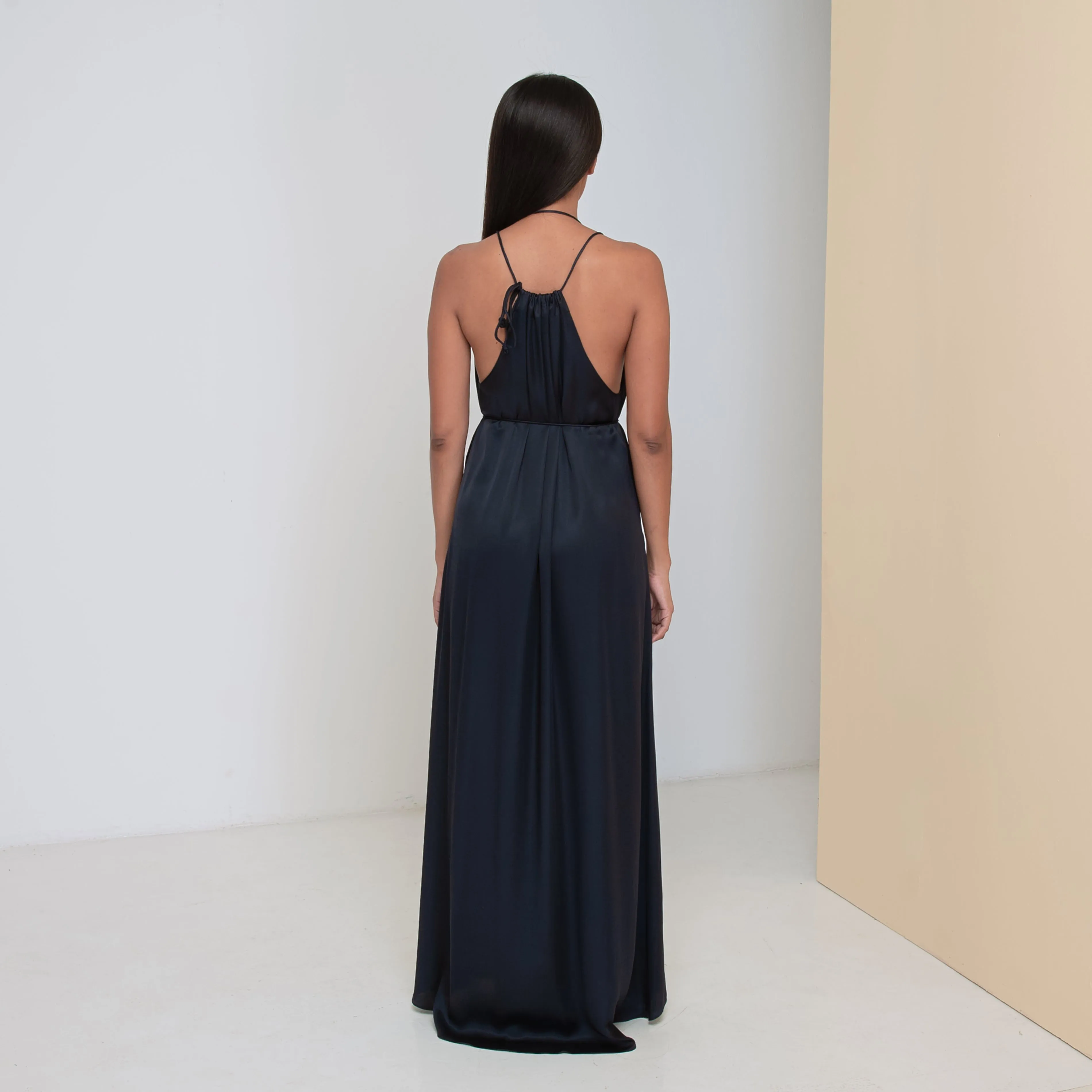 DEEP V LONG HALTER DRESS - Rayon Viscose Satin | Midnight blue