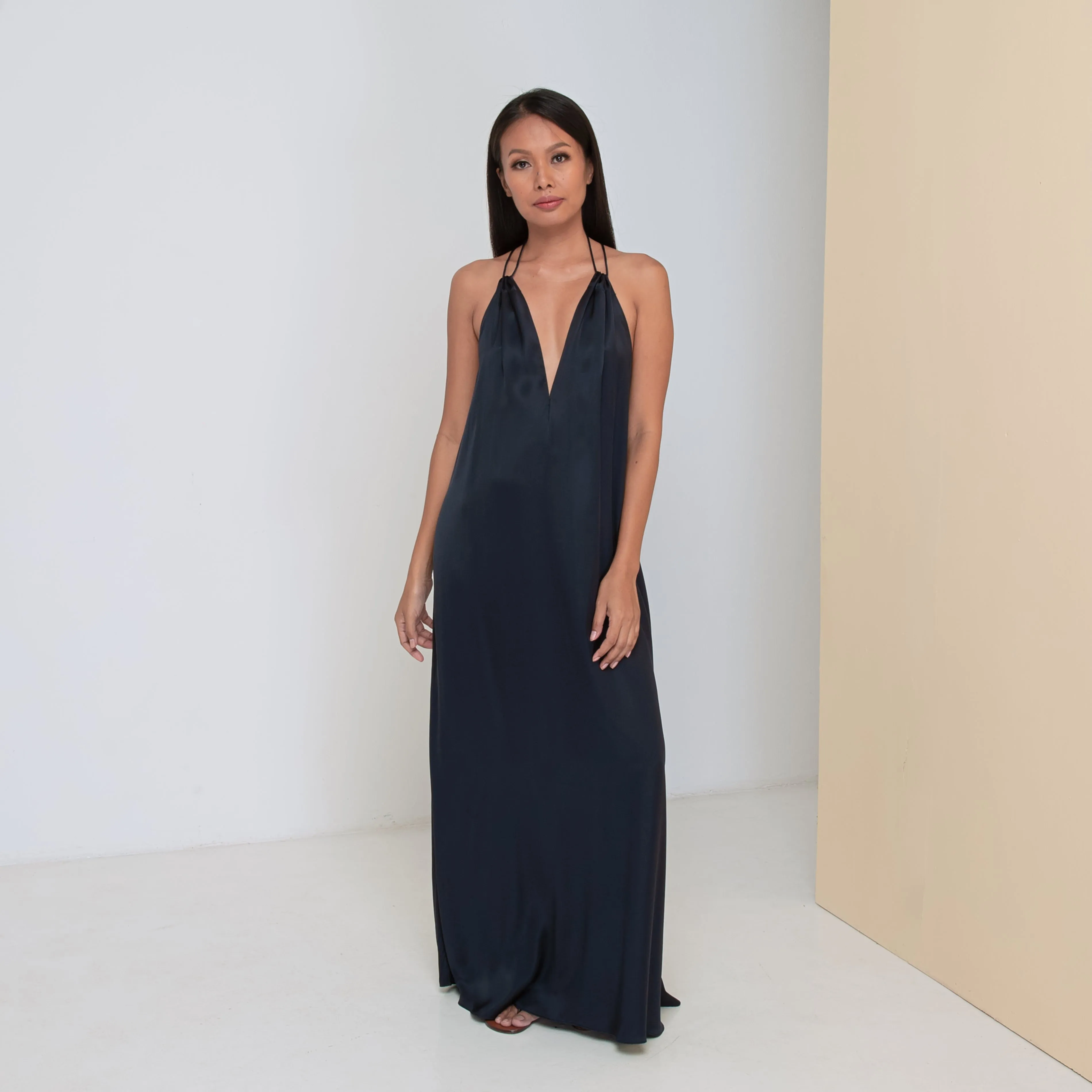 DEEP V LONG HALTER DRESS - Rayon Viscose Satin | Midnight blue