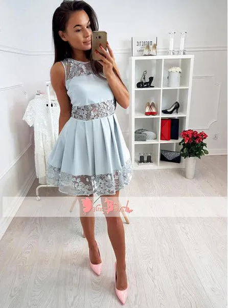 Dusty Blue See Through Lace Round Neck Homecoming Dresses For Teens,BD0157