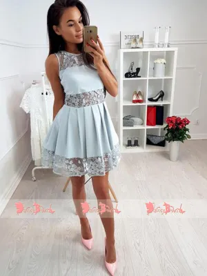 Dusty Blue See Through Lace Round Neck Homecoming Dresses For Teens,BD0157