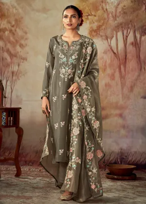 Dusty Grey Russian Silk Embroidered Pant Style Salwar Kurta