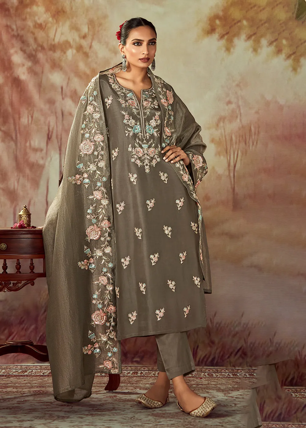 Dusty Grey Russian Silk Embroidered Pant Style Salwar Kurta