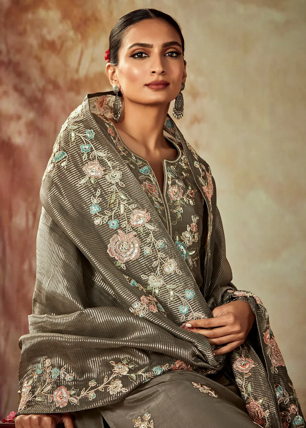 Dusty Grey Russian Silk Embroidered Pant Style Salwar Kurta