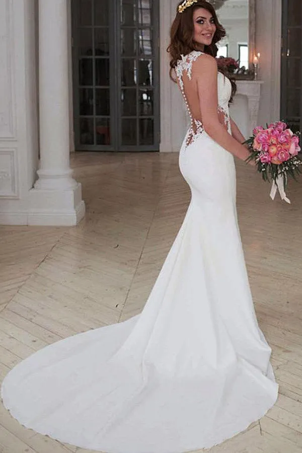 Elegant Mermaid Illusion Neck See Through Lace Wedding Dress