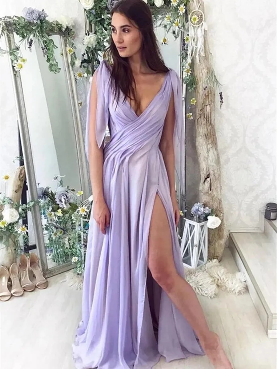 Elegant V Neck Purple Chiffon Long Prom with High Slit, V Neck Purple Formal, Purple Evening