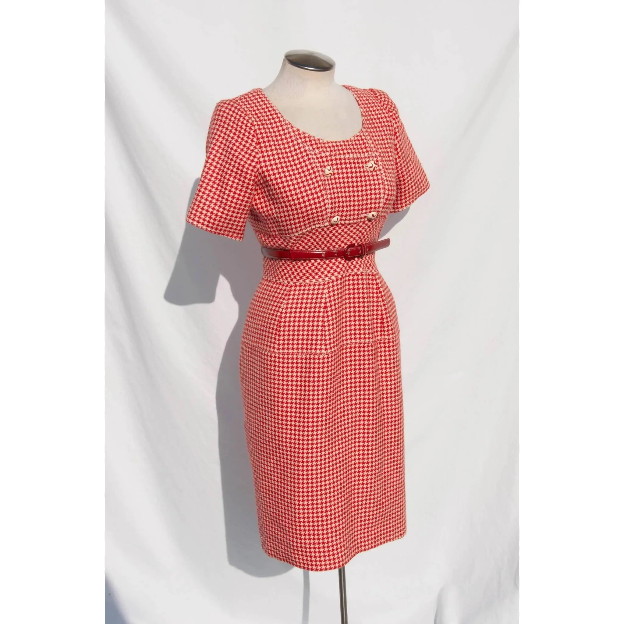 Emanuel Ungaro Red & White Houndstooth Wool Dress | M/L