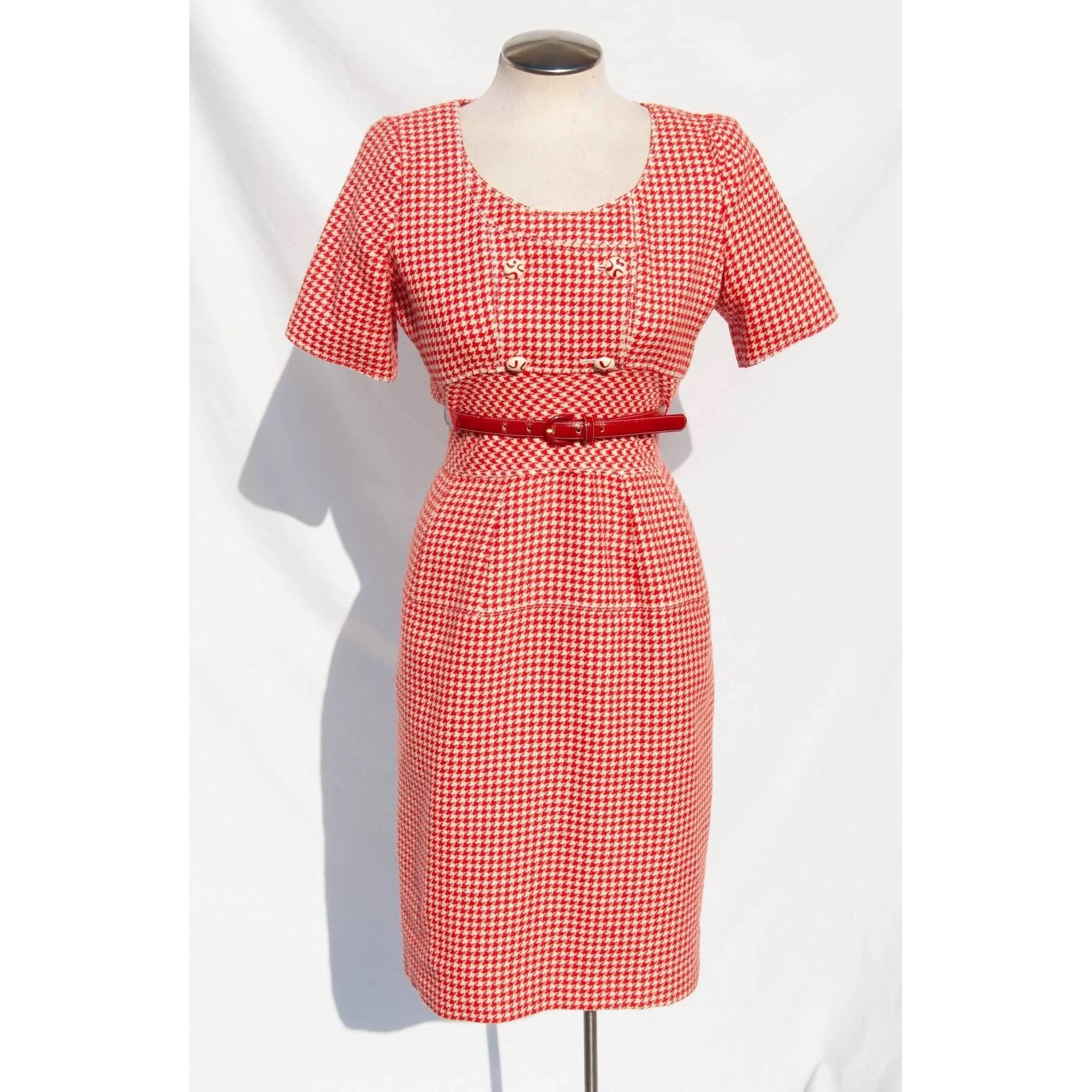 Emanuel Ungaro Red & White Houndstooth Wool Dress | M/L