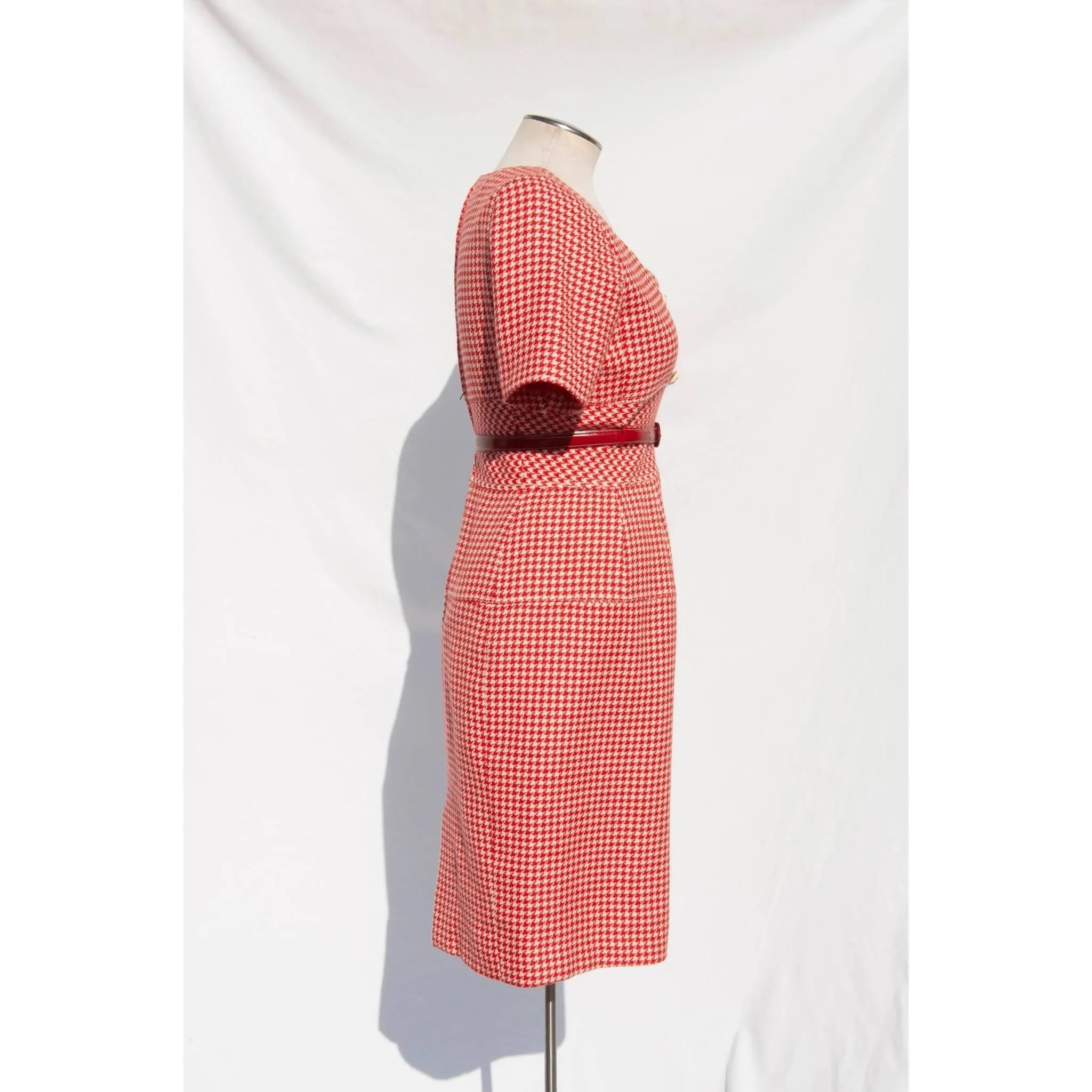 Emanuel Ungaro Red & White Houndstooth Wool Dress | M/L