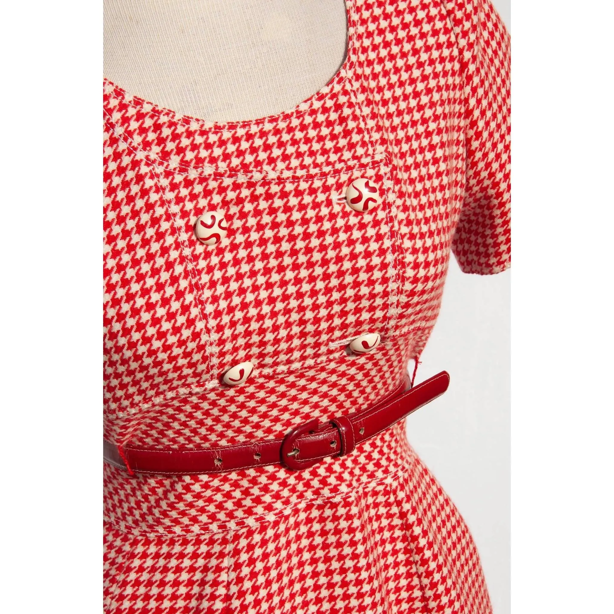 Emanuel Ungaro Red & White Houndstooth Wool Dress | M/L