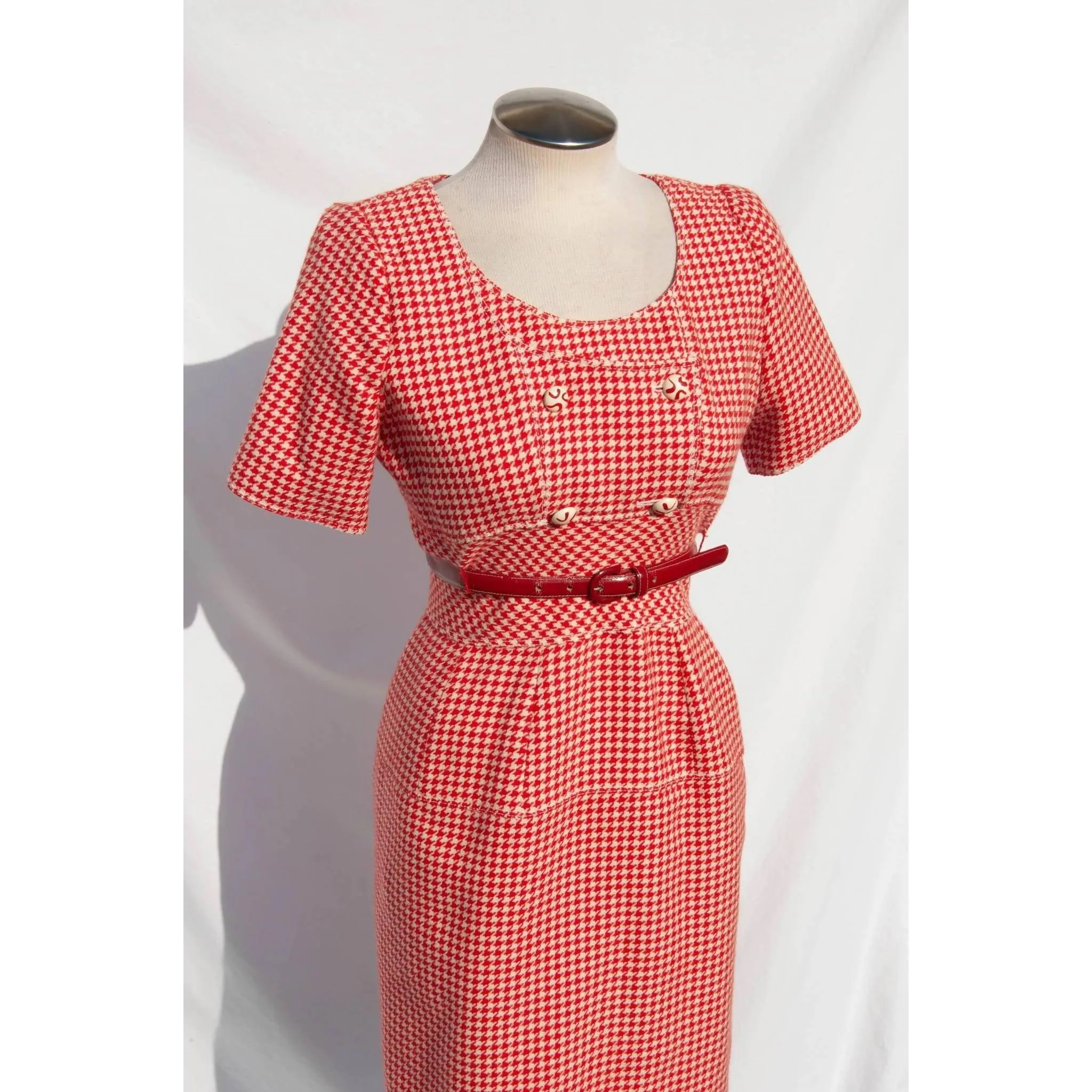 Emanuel Ungaro Red & White Houndstooth Wool Dress | M/L