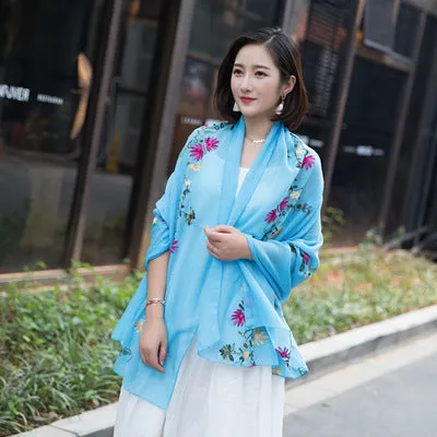 Embroidered cotton and linen scarf tourism sunscreen ethnic silk scarf women beach towel shawl