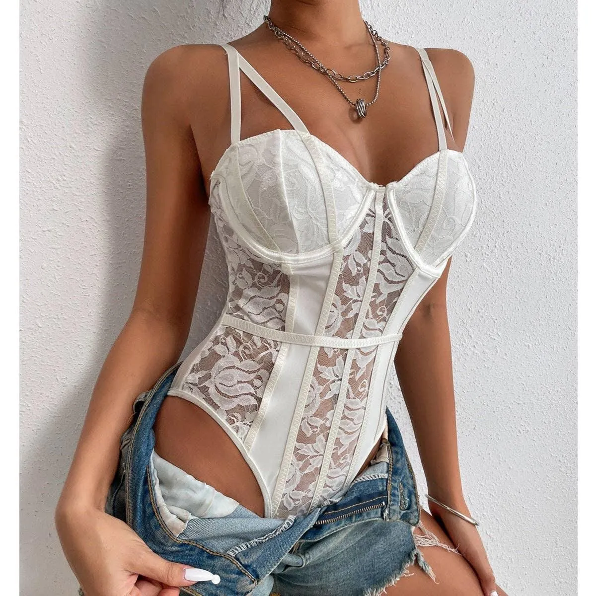 Floral Lace Bodysuit See Through Teddy C8003