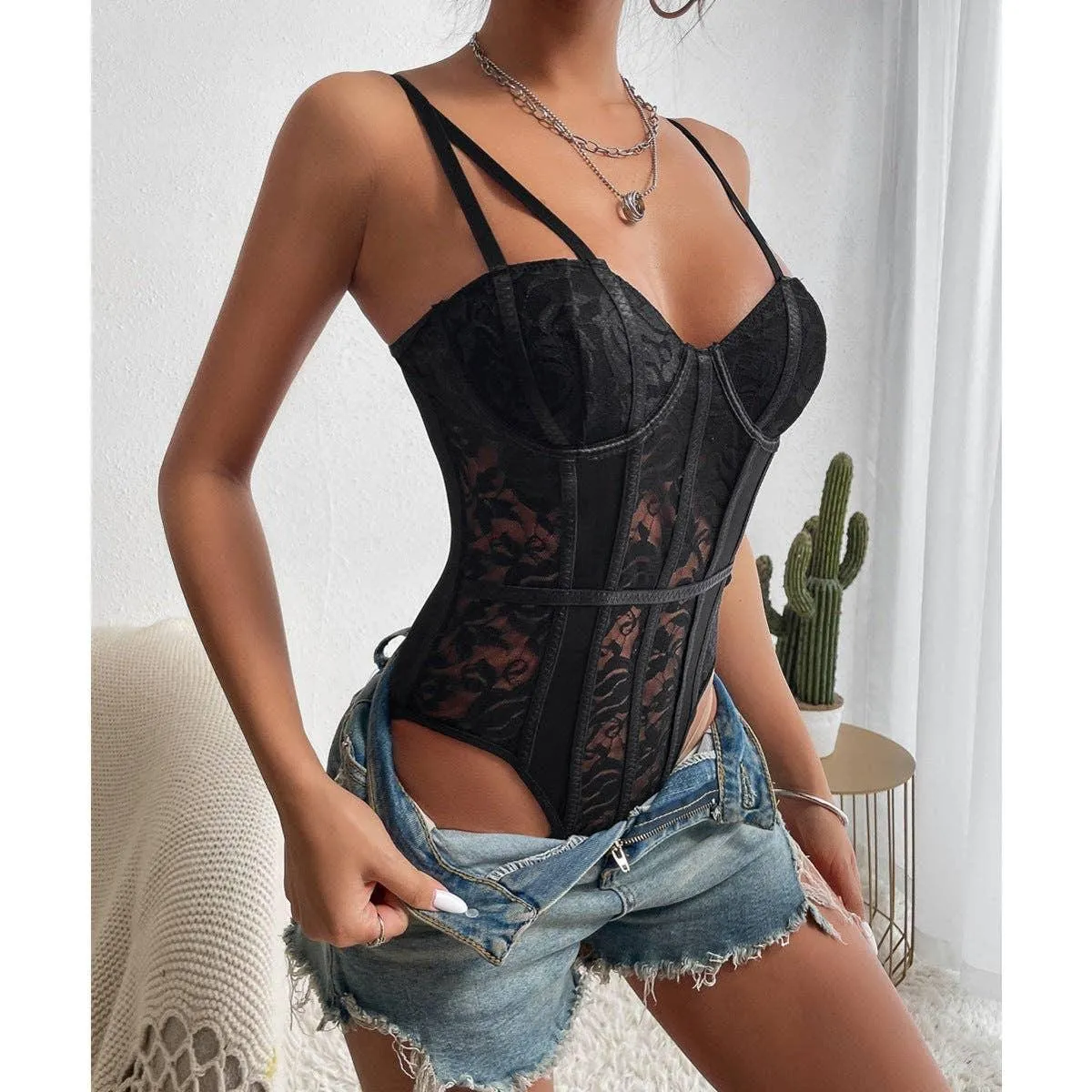 Floral Lace Bodysuit See Through Teddy C8003