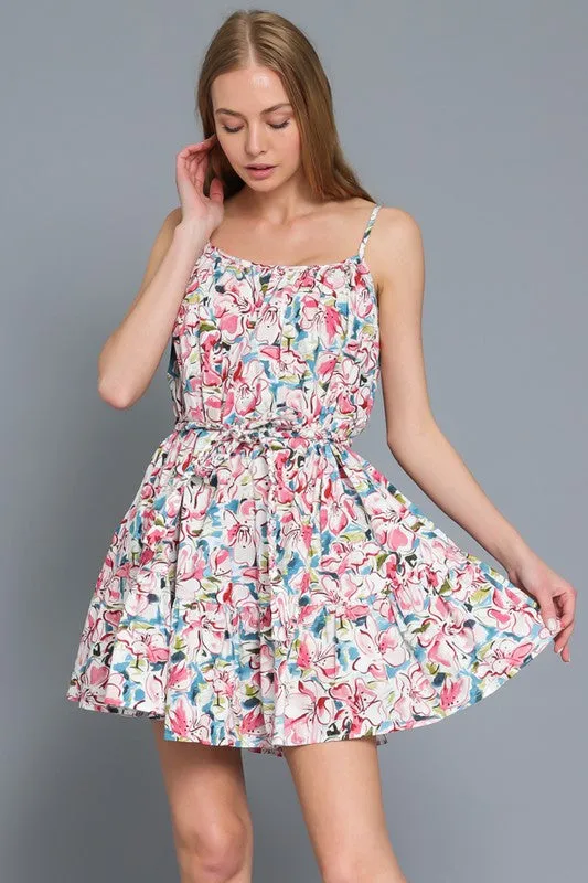 Floral Spaghetti Strap Belted Mini Dress