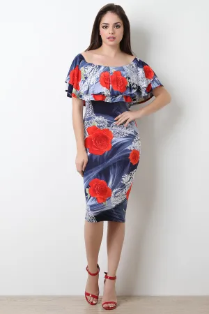 Floral Tier Ruffle Off-The-Shoulder Bodycon Midi Dress