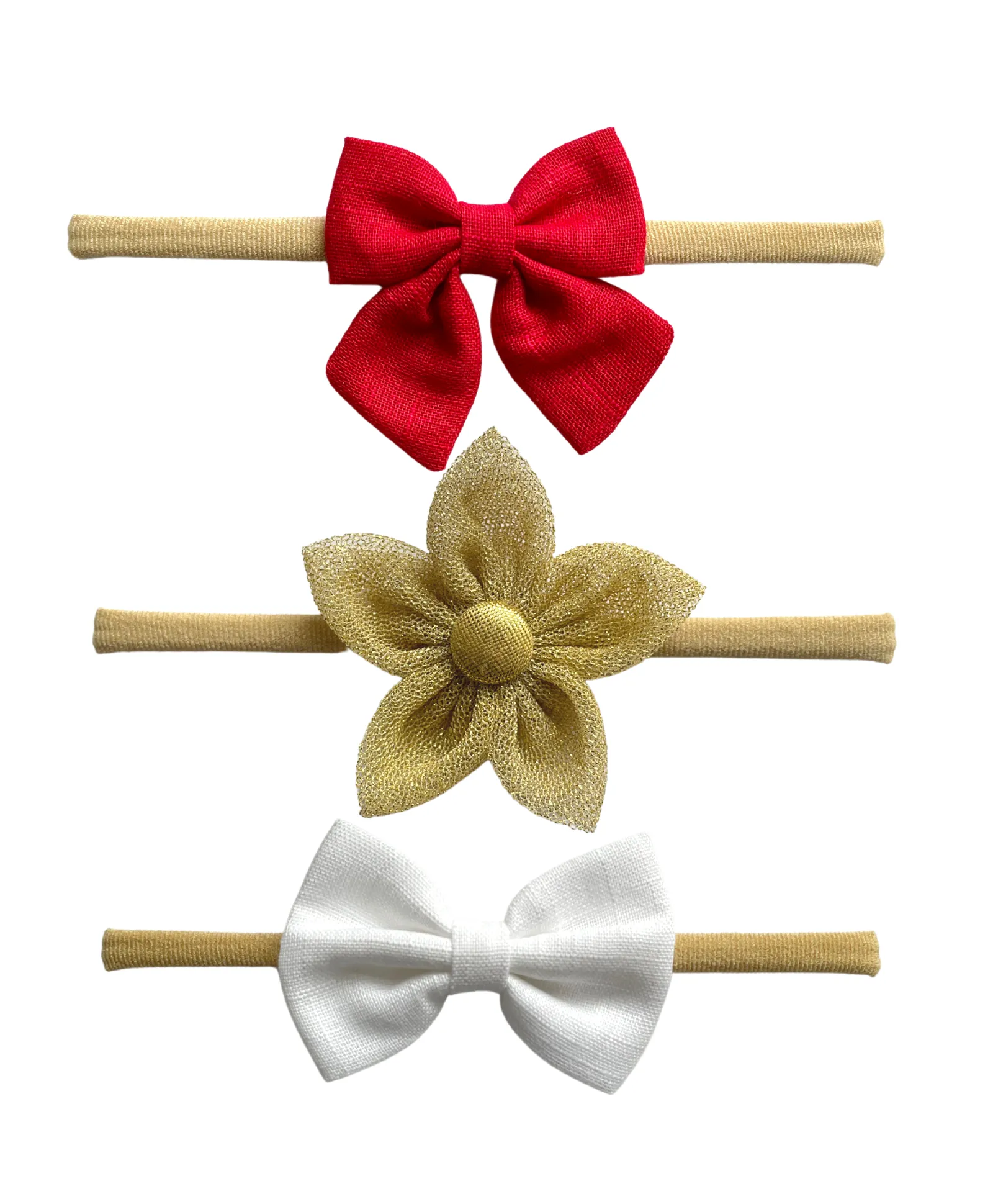 Flower & Bow Headband Set - Red, Golden & White