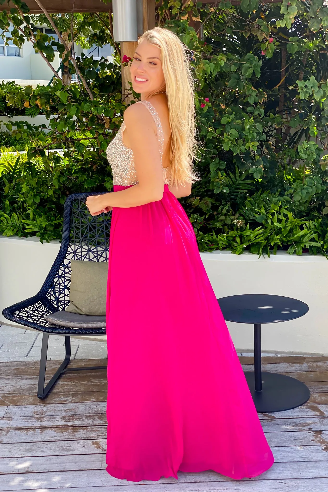 Fuchsia Maxi Dress with Silver Jewels