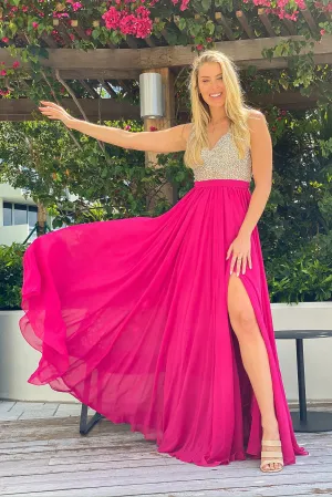 Fuchsia Maxi Dress with Silver Jewels