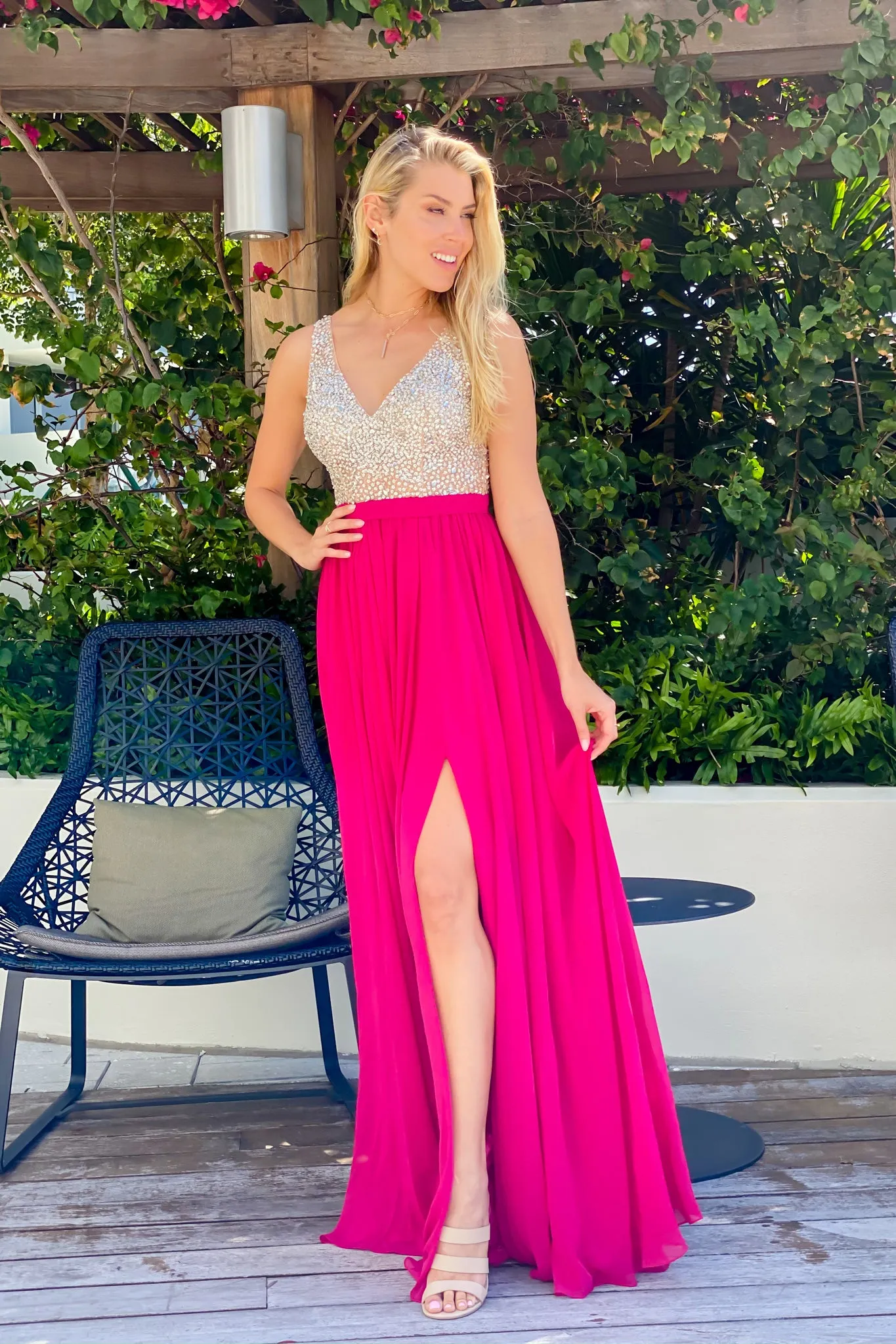 Fuchsia Maxi Dress with Silver Jewels