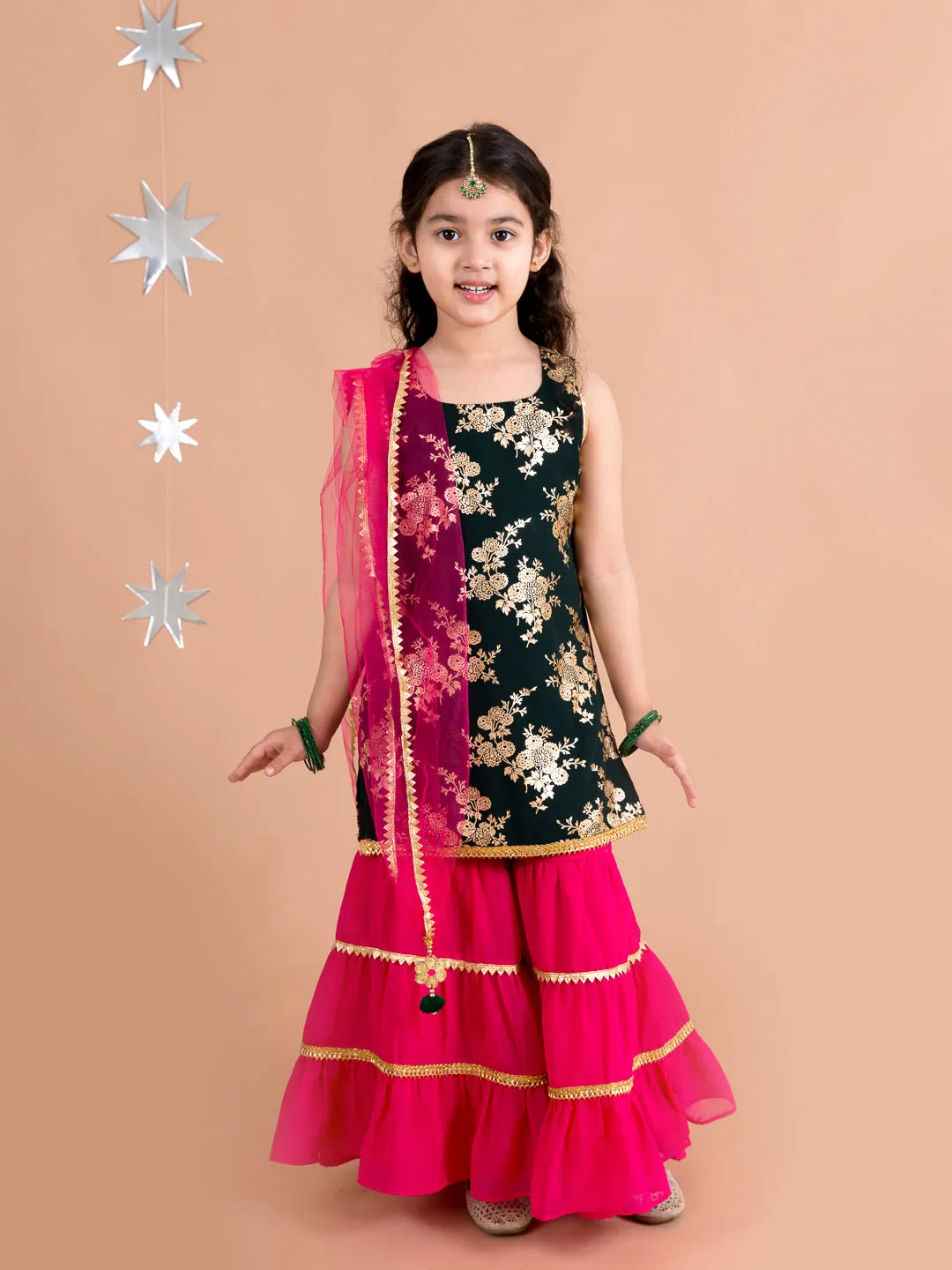 Girls Floral Printed Panelled Kurti With Skirt With Dupatta - Ps Peaches