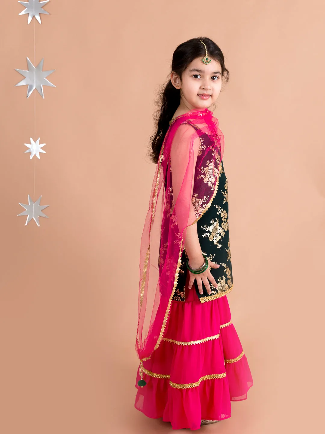 Girls Floral Printed Panelled Kurti With Skirt With Dupatta - Ps Peaches