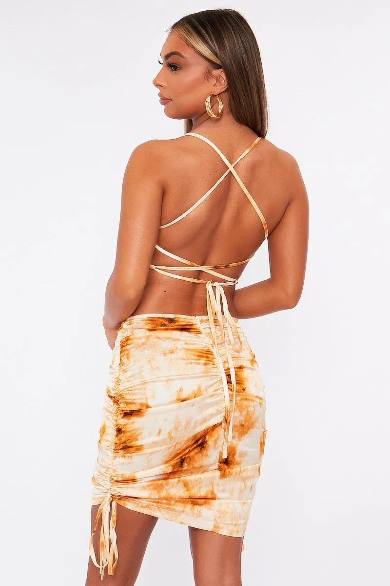 Gold Tie Dye Ruched Side Midi Dress - Adorah