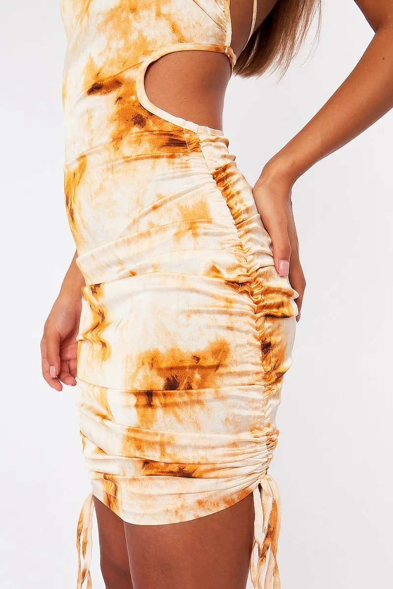 Gold Tie Dye Ruched Side Midi Dress - Adorah