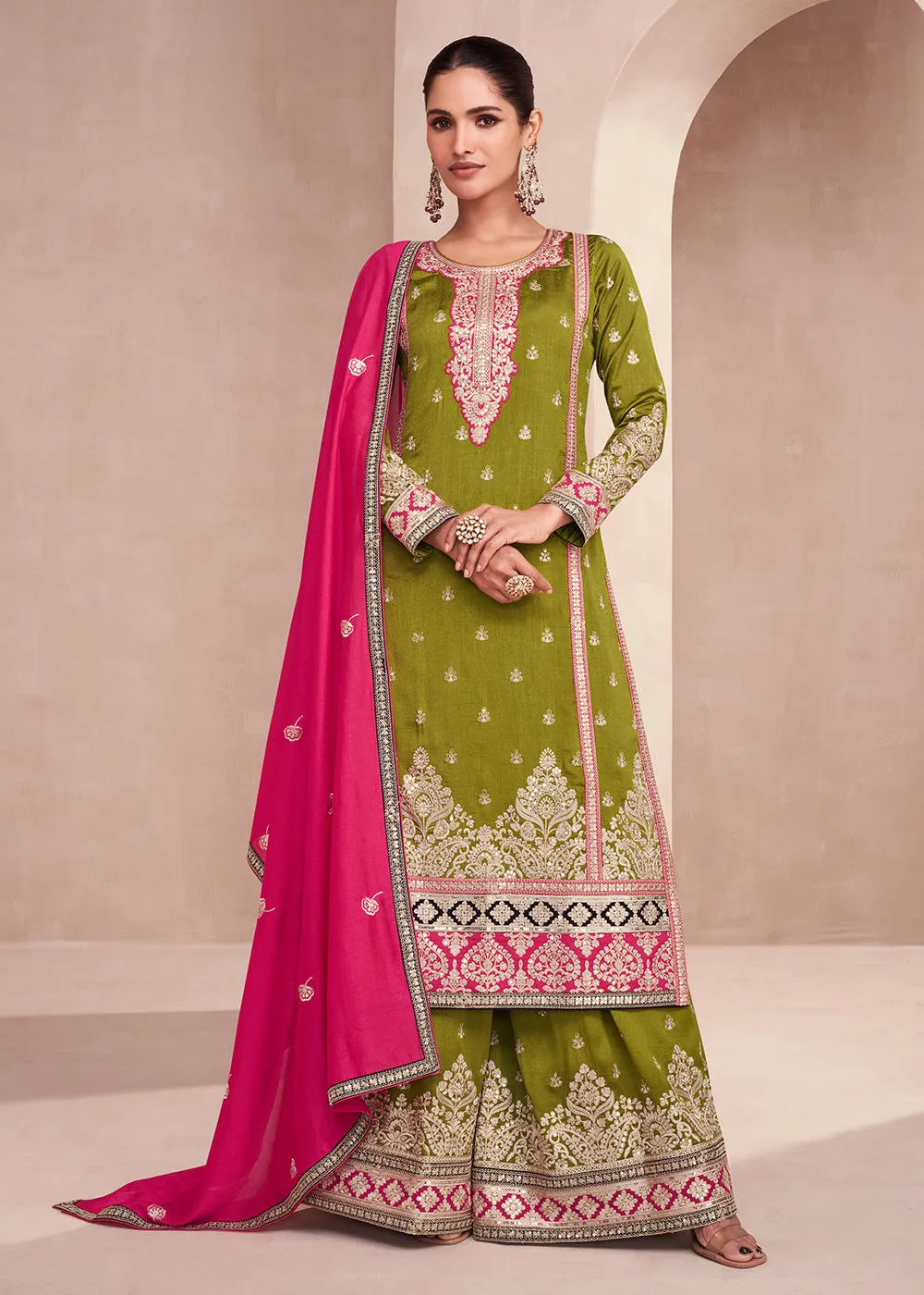 Green Embroidered Premium Silk Palazzo Suit with Pink Dupatta