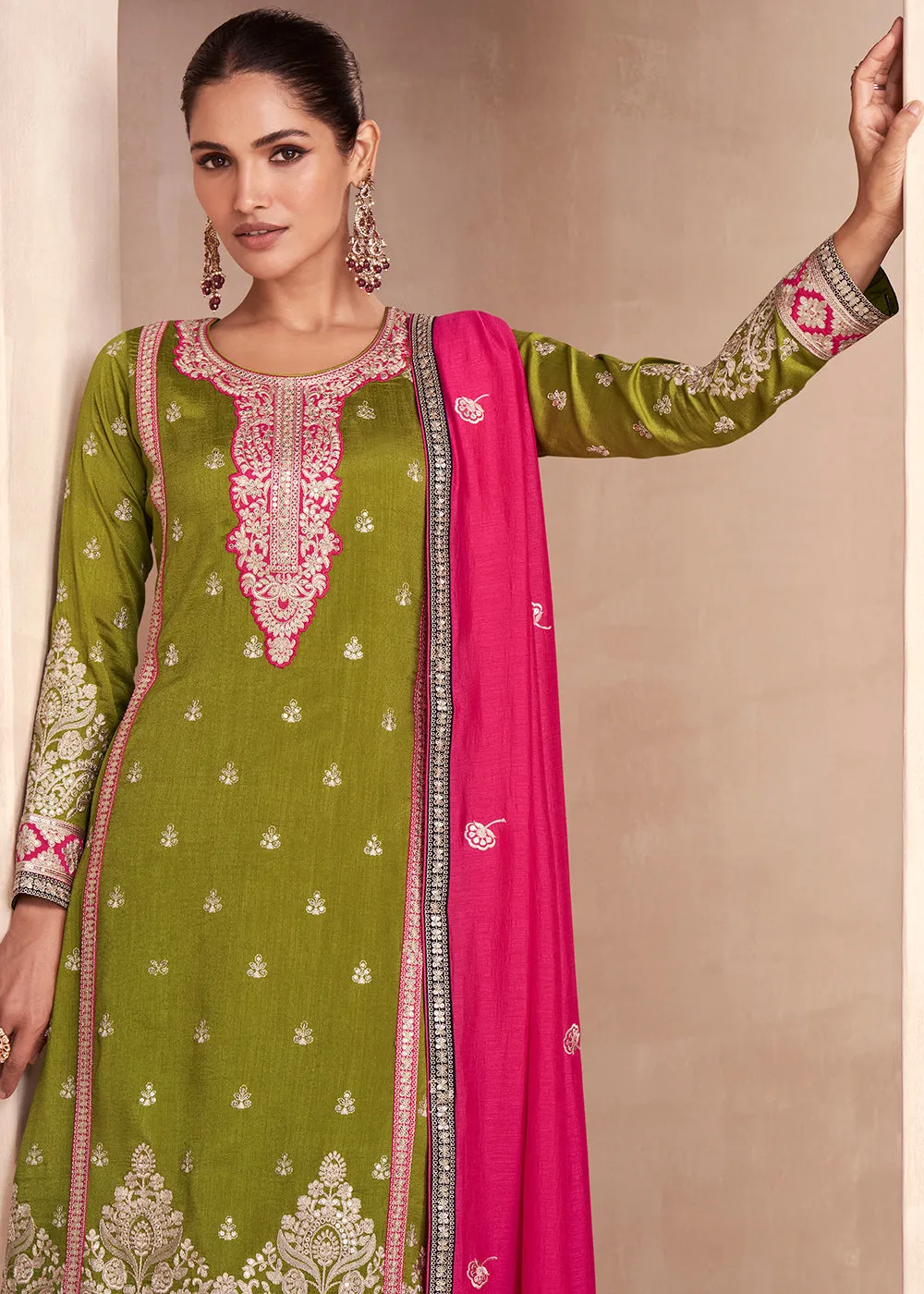 Green Embroidered Premium Silk Palazzo Suit with Pink Dupatta