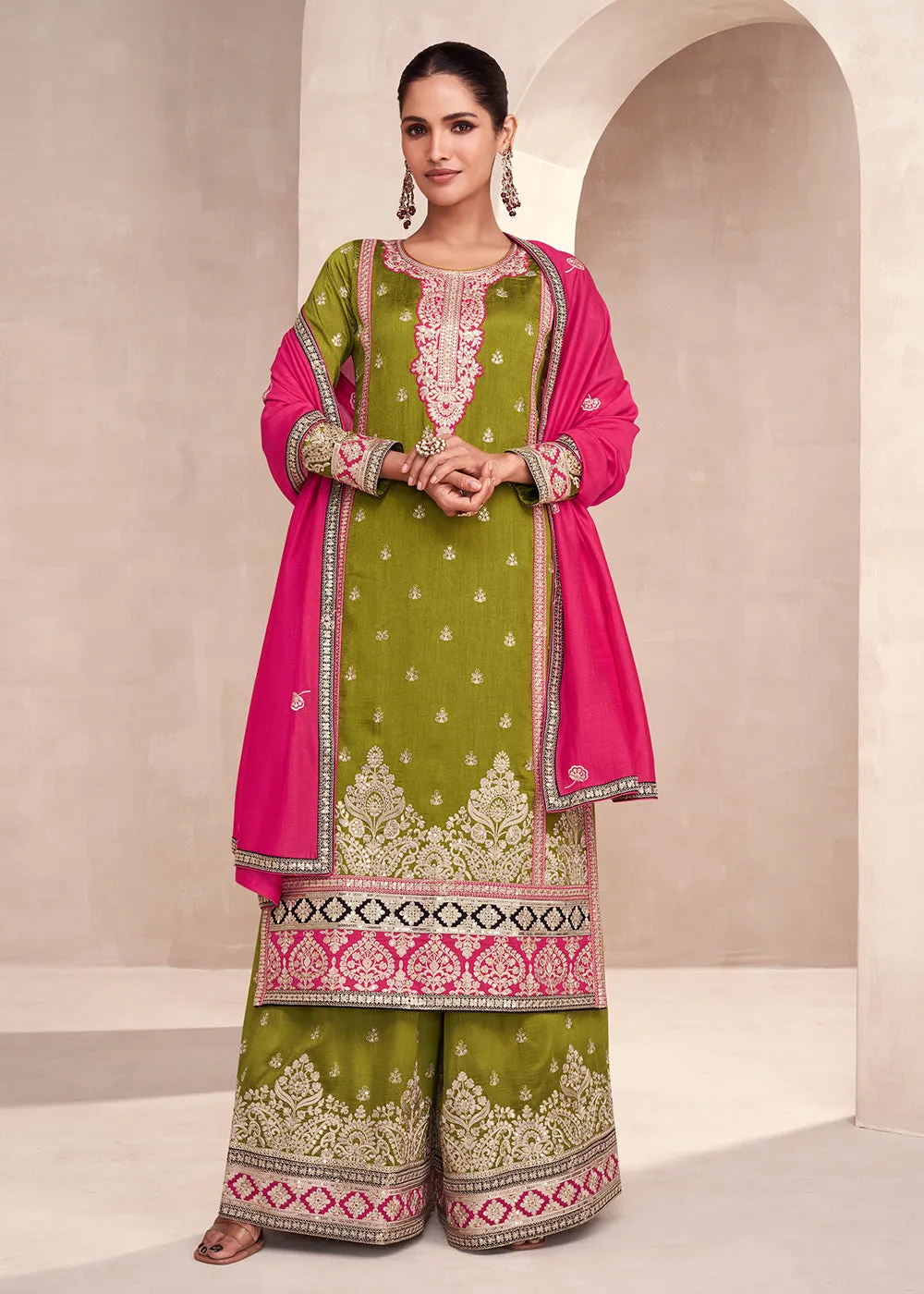 Green Embroidered Premium Silk Palazzo Suit with Pink Dupatta