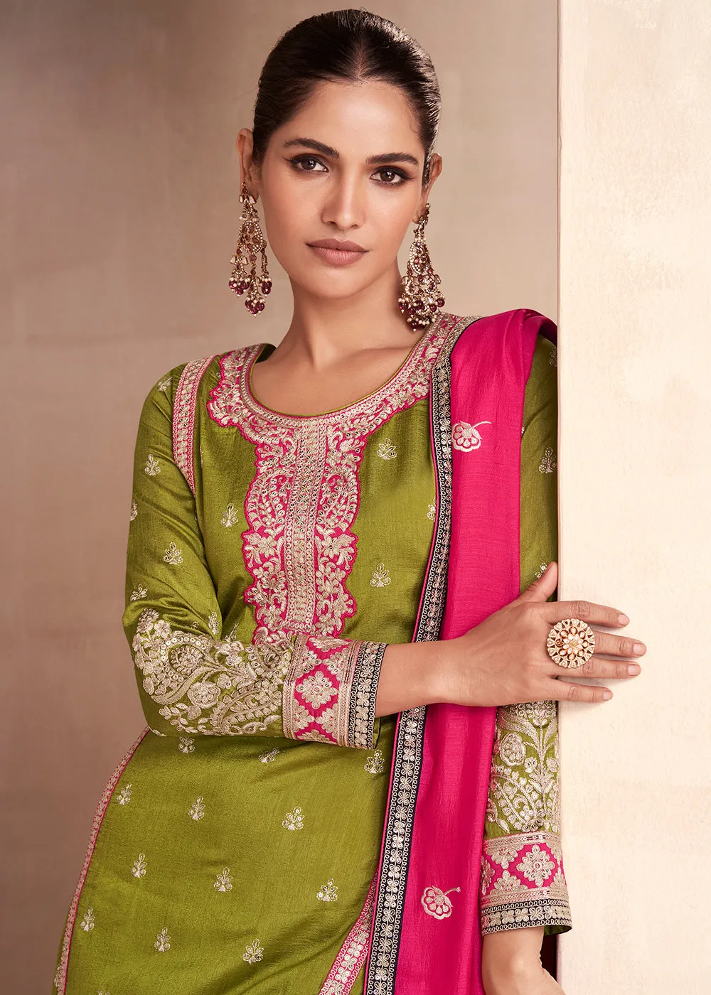 Green Embroidered Premium Silk Palazzo Suit with Pink Dupatta