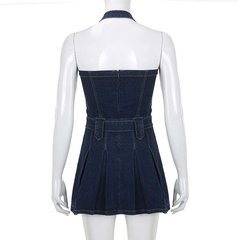 Halter Collar Pleated Hem Belted Backless Denim Dress