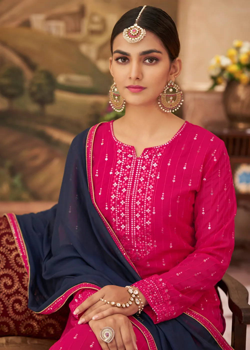 Heavy Faux Georgette Hot Pink Embroidered Palazzo Suit