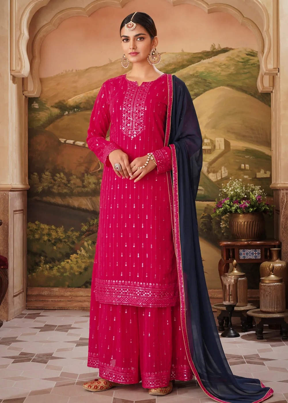 Heavy Faux Georgette Hot Pink Embroidered Palazzo Suit