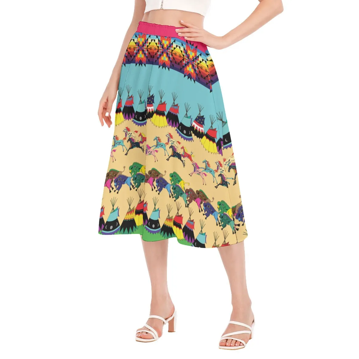 Horses and Buffalo Ledger Pink Women's Long Section Chiffon Skirt