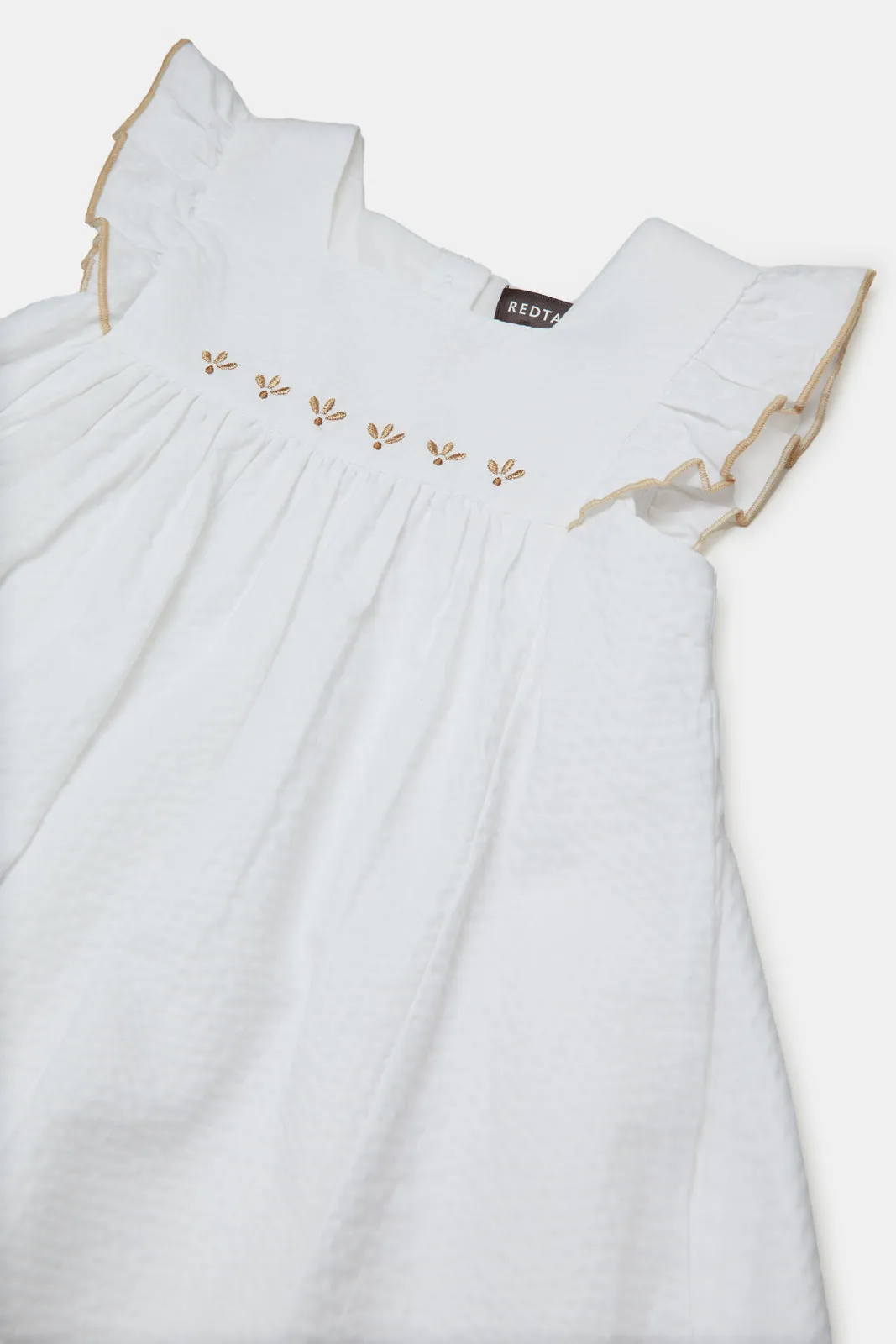 Infant Girls White Seersucker Embroidered Yoke Dress