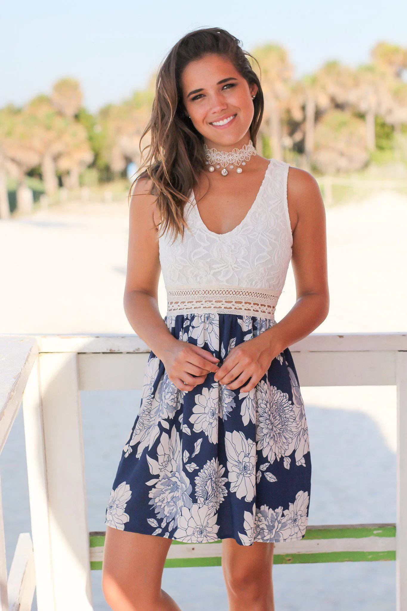 Ivory and Navy Floral Short Dress with Lace Top