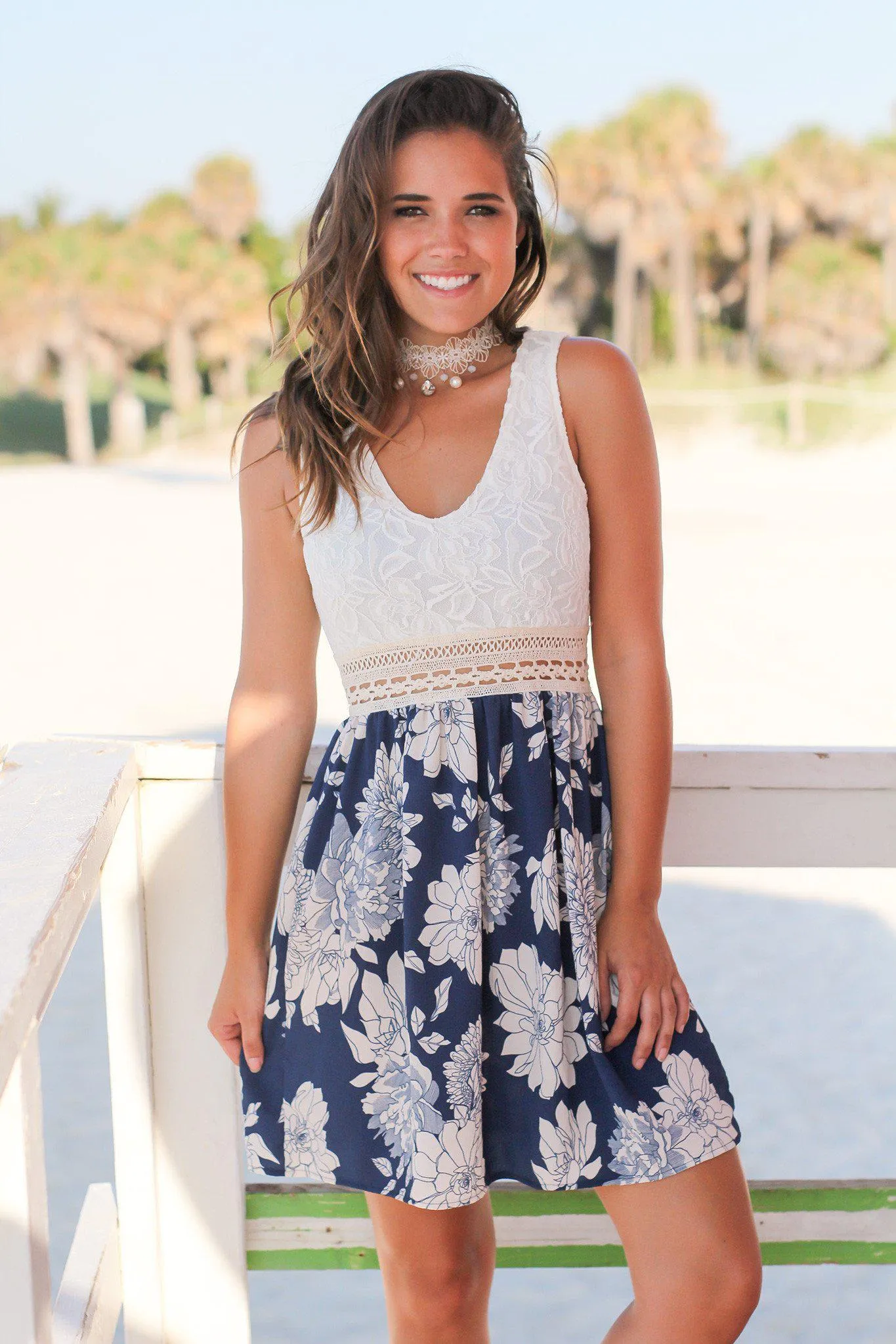 Ivory and Navy Floral Short Dress with Lace Top