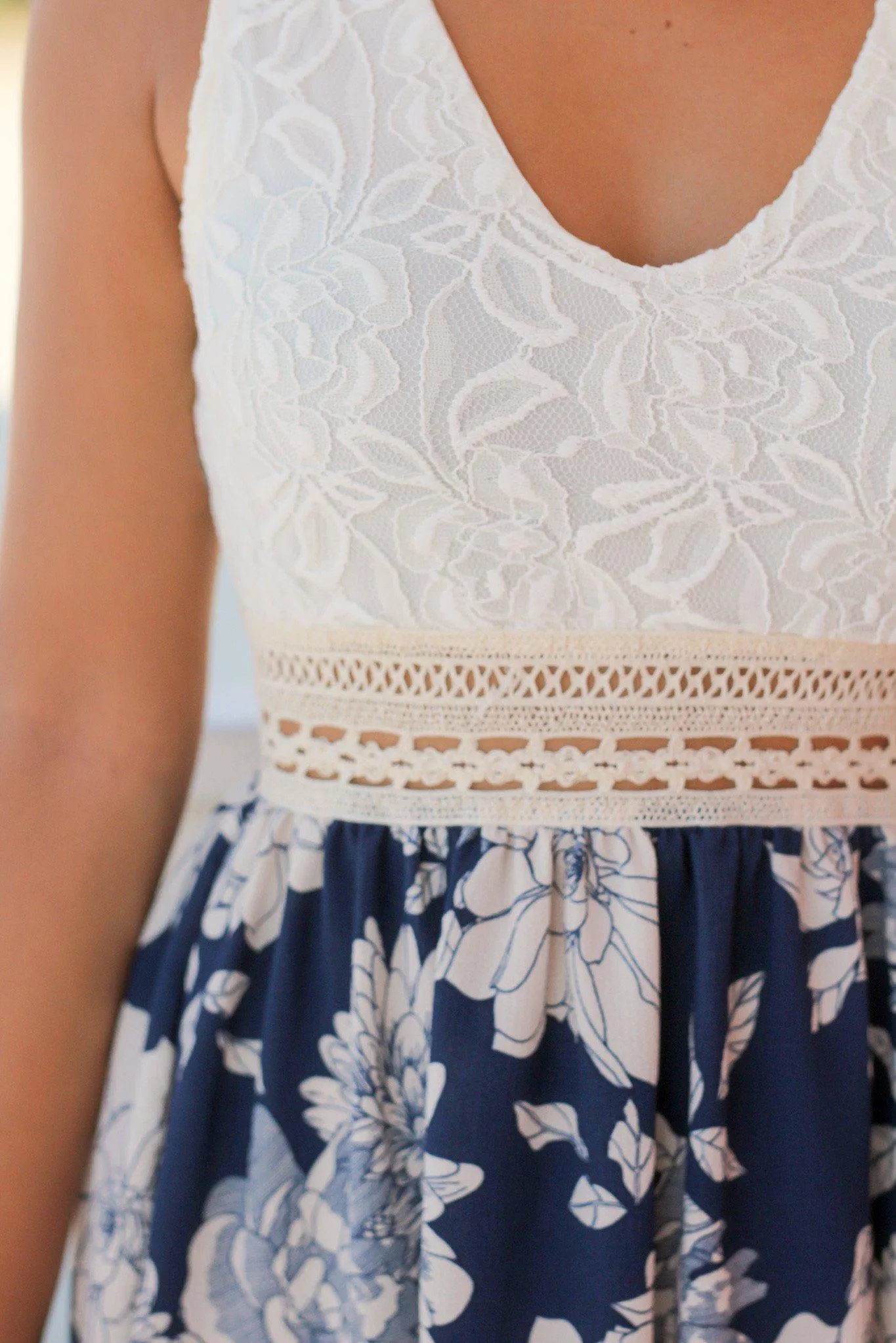 Ivory and Navy Floral Short Dress with Lace Top