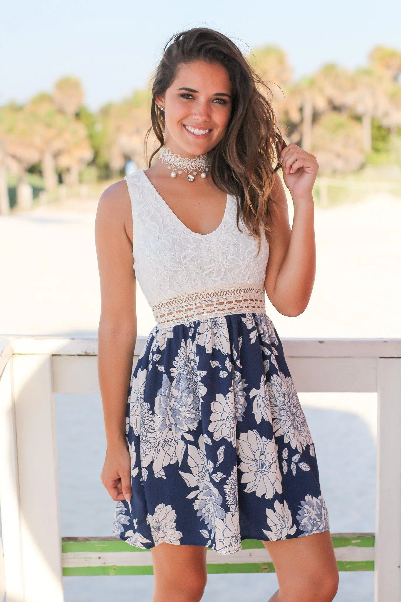 Ivory and Navy Floral Short Dress with Lace Top