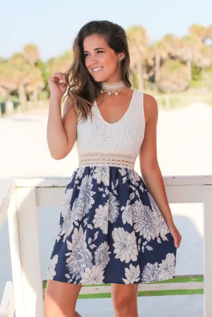 Ivory and Navy Floral Short Dress with Lace Top