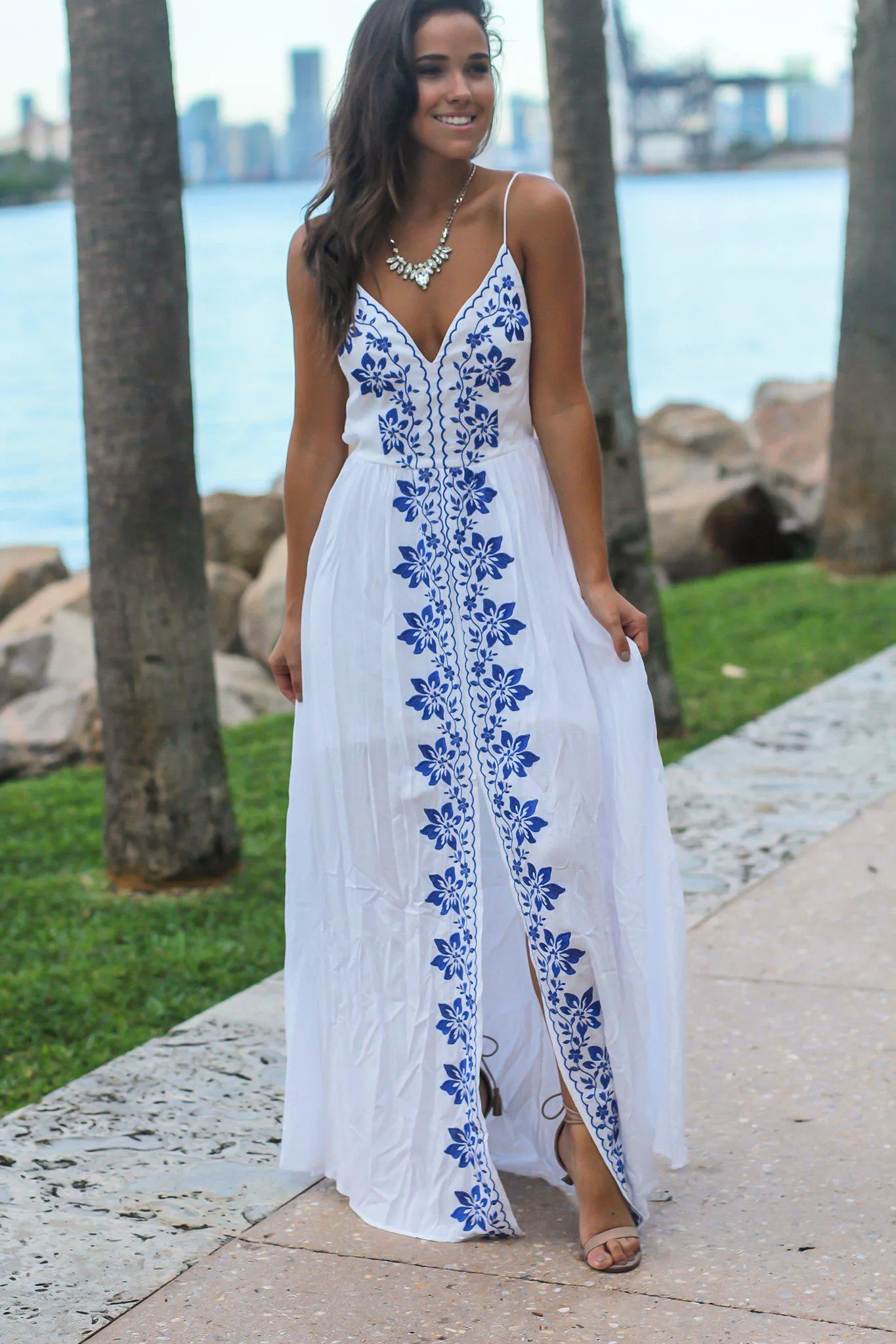 Ivory Maxi Dress with Floral Embroidery